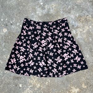 Black Pink Skull Pleated Midi Skirt
